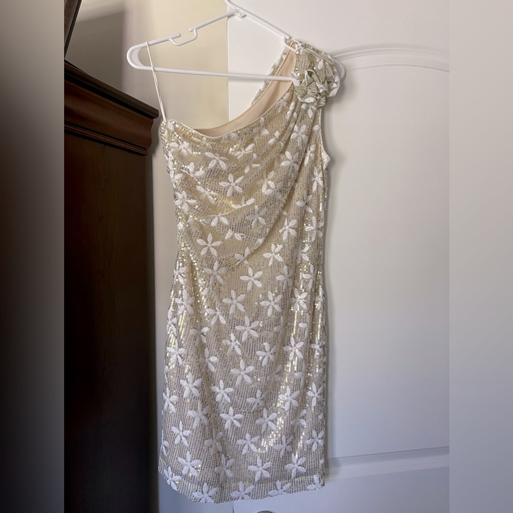 MARK + JAMES One Shoulder Gold & Cream Sequined Mini Dress | Size S